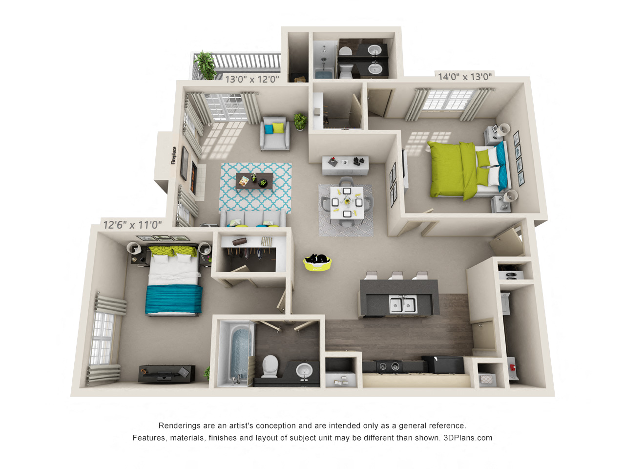Floor plan for 2 beds, 2 baths, 1042 sqft